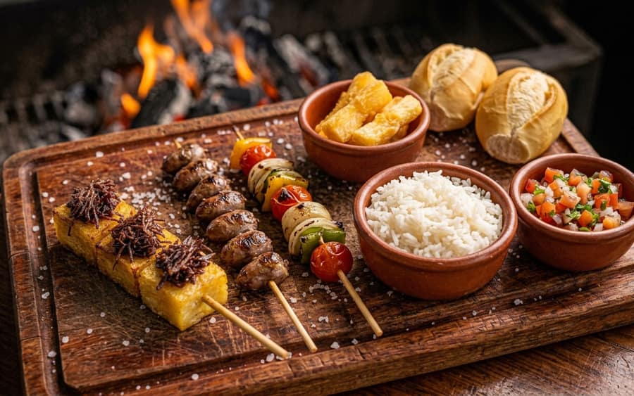 Combo Jantinha com quatro espetos, arroz e mandioca