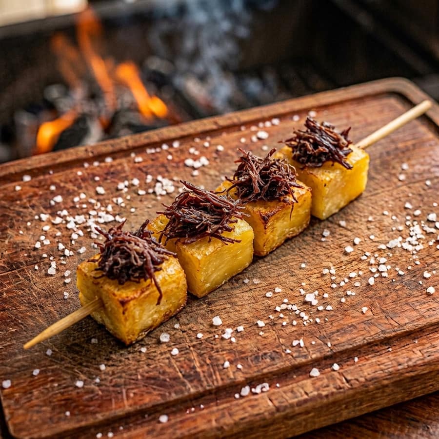 Espeto de mandioca com carne seca